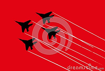 Aerobatic team with fighter aircrafts contrails. Vector silhouette Vector Illustration